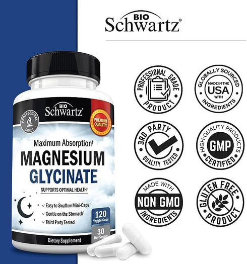 Magnesium Glycinate 500mg Capsules, 120 Mini Caps, Vegan Safe, Maximum Absorption Supplement for Nerves, Muscles