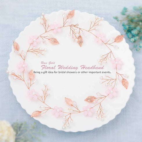 Rose Gold Wedding Headpiece, Flower Hair Vine, Pearl Bridal Crystal Headband for Women