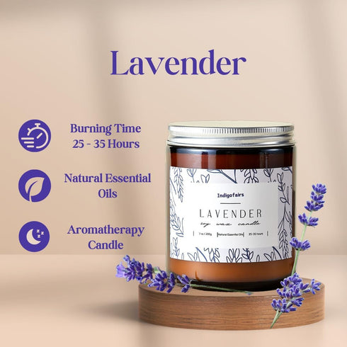 Indigofairs 7oz 40 Lavender Scented Candle - Soy Wax Aromatherapy Candle for Stress Relief & Relaxation Hours Long