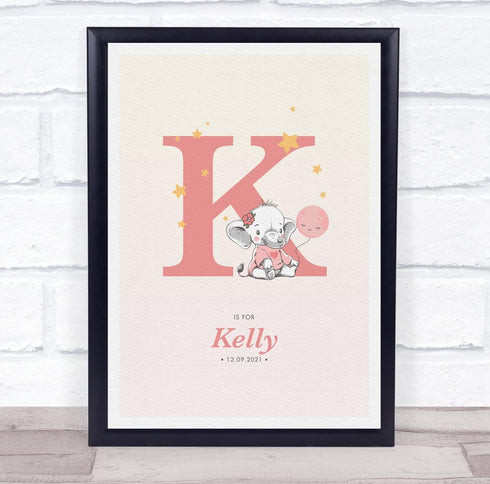 The Card Zoo Pink Baby Girl Elephant Initial K Baby Birth Details Nursery Christening Print