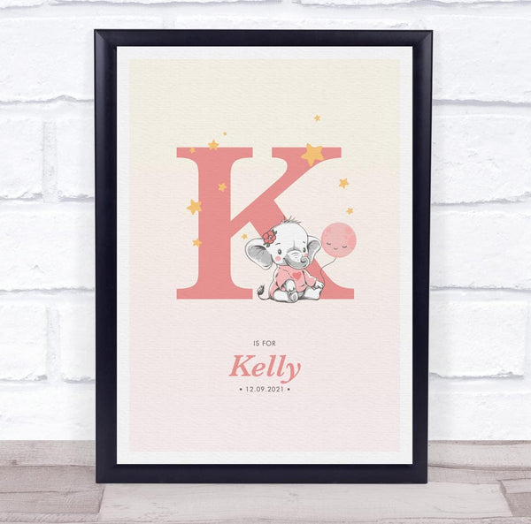 The Card Zoo Pink Baby Girl Elephant Initial K Baby Birth Details Nursery Christening Print
