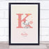 The Card Zoo Pink Baby Girl Elephant Initial K Baby Birth Details Nursery Christening Print