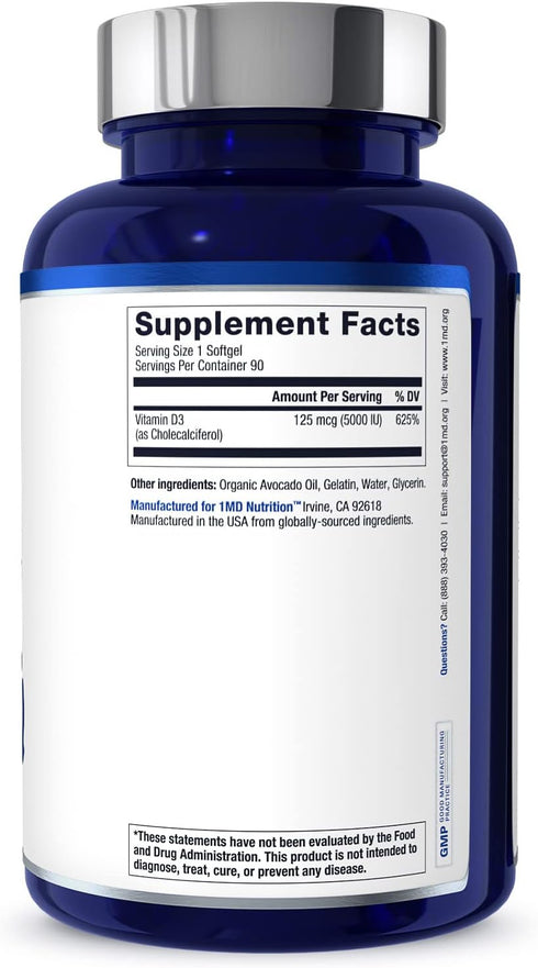 1MD Nutrition Vitamin D3 5000 IU Softgels, Bone Health, Muscle Function, Immune Support, Gluten Free, 3-Month Supply