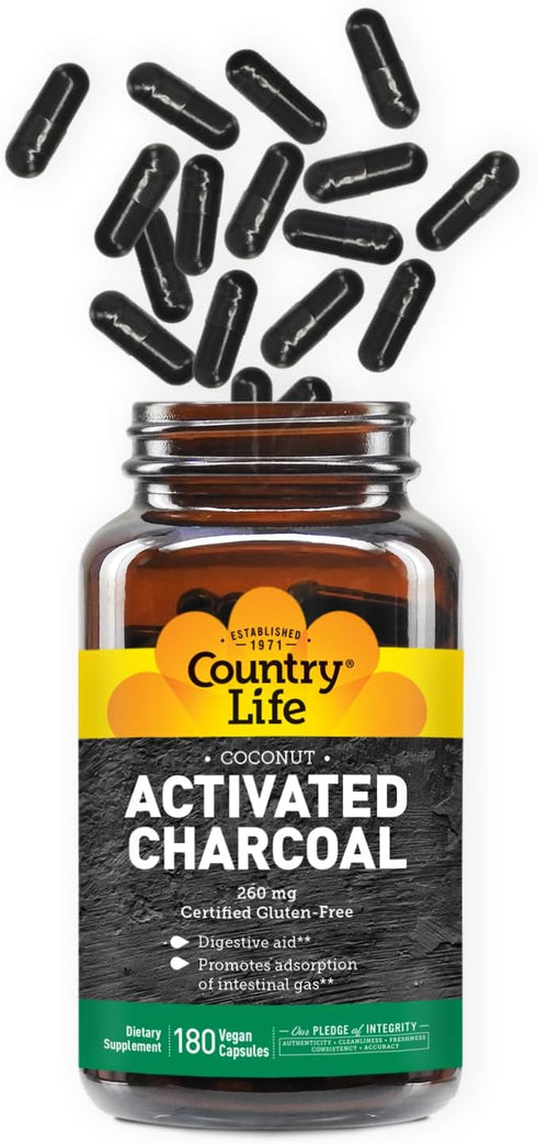 Country Life Organic Activated Charcoal Capsules, 260mg, 180 Vegan Capsules for Gas and Bloating Relief
