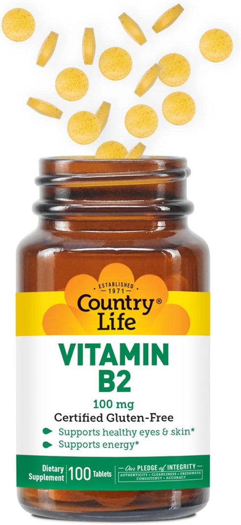 Country Life Vitamin B-2, 100 mg - 100 Tablets - Supports Healthy Eyes, Skin & Energy - Certified Gluten Free