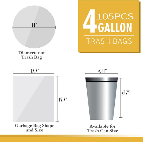 105 Count Small Trash Bags, Unscented 4 Gallon Garbage Can Liners for Bathroom, Kitchen, Bedroom (15 Liter)