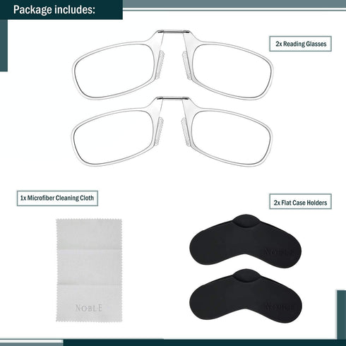 Noble Ultra Slim and Flat Reading Glasses, Thin and Flexible Armless (2 Pairs), Pocket Size Readers with Silicone Case