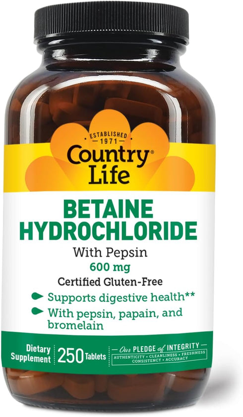 Country Life Betaine Hydrochloride with Pepsin, 600 mg, 250 Tablets