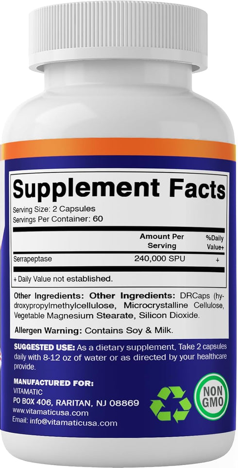 Vitamatic Serrapeptase 240,000 SPU, 120 Delayed Released Capsules, Non-GMO, Gluten Free