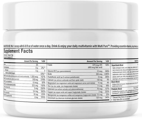 Reclaim Multi Pure Mango Pineapple, Immune Support, Vitamin C, Vitamin B Complex, Probiotic, Superfood Powder, Calcium, Magnesium Oxide, (30 Servings) (Lemon Lime)