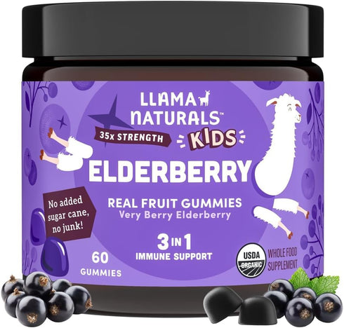 Llama Naturals Elderberry Gummies for Kids, Organic Vegan Immune Support Supplement, 60 Ct, Chewable, No Added Sugar