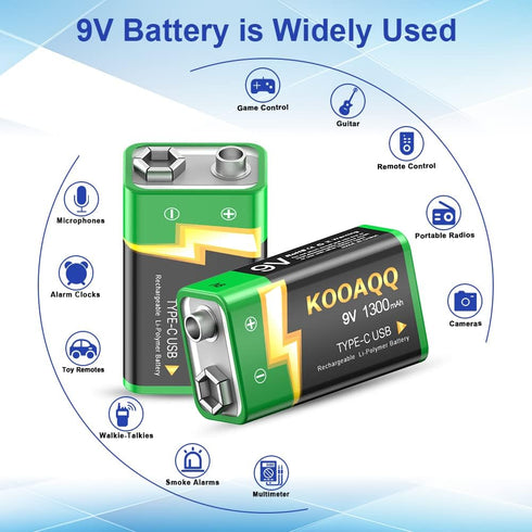 9V Rechargeable Batteries, High Capacity 1300mAh (2024 New Version) for Smoke Detector/Alarms, Metal Detector,