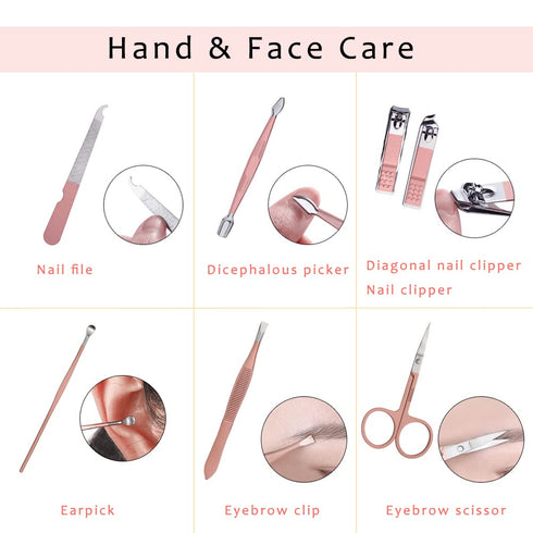 Pink Manicure Set, Portable Beauty Tool Kit with Nail Clipper, 7 in 1 Stainless Steel in Luxury Leather Case