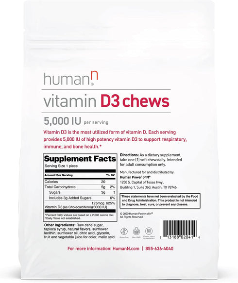 humanN Vitamin D3 Chews, High Potency 5000iu (125mcg), Mixed Berry Flavor, 30 Count