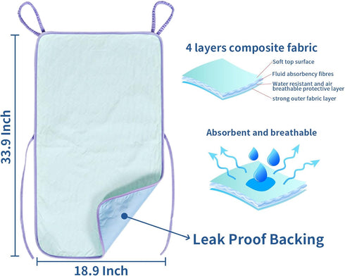 4-Layer 18.9"X33.9"(Pack 2 Wheelchair Highly Absorbent Incontinence Waterproof Pads, Soft Extra Large Washable
