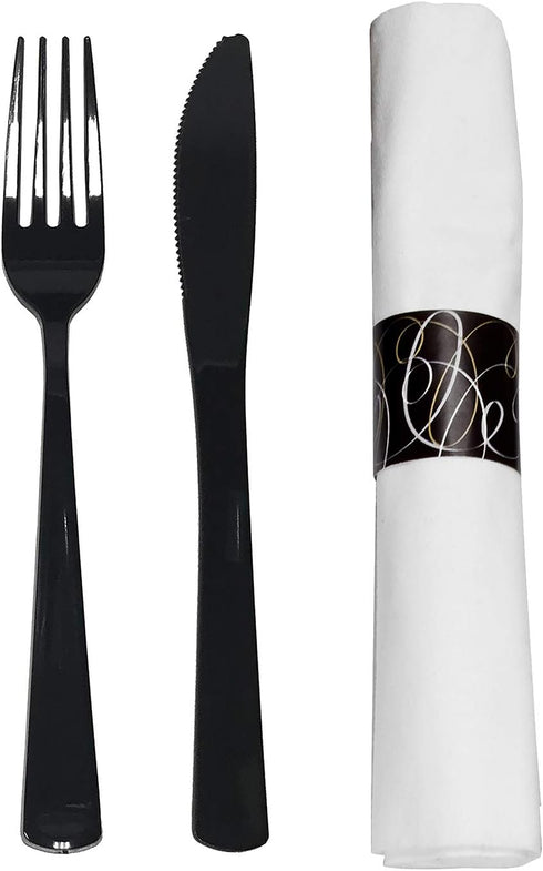 Party Essentials Wrapped Silverware Set, Disposable Pre Rolled Napkin and Cutlery, Forks/Knives Black, 50 Units