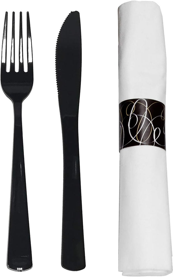 Party Essentials Wrapped Silverware Set, Disposable Pre Rolled Napkin and Cutlery, Forks/Knives Black, 50 Units