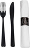 Party Essentials Wrapped Silverware Set, Disposable Pre Rolled Napkin and Cutlery, Forks/Knives Black, 50 Units