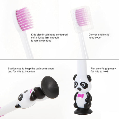 Newday Kids Toothbrushes, 6 Pack Set with Soft Bristles and Suction Cup, Includes Travel Covers, Bear Panda Design