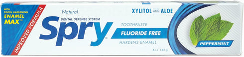 Spry Xylitol Toothpaste 5oz, Fluoride Free Toothpaste Adult and Kids, Teeth Whitening Toothpaste with Xylitol, Natural Breath Freshening, Mouth Moisturizing Ingredients, Peppermint (Pack of 1)