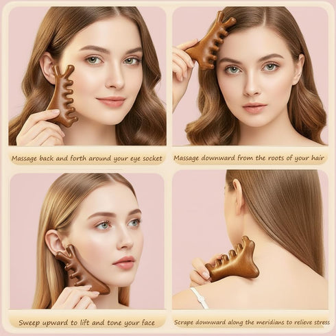 isork 4-in-1,Natural Gua Sha Facial Tool Sandalwood Lymphatic Drainage Massager Tool,Relaxation of the Neck & Jaw