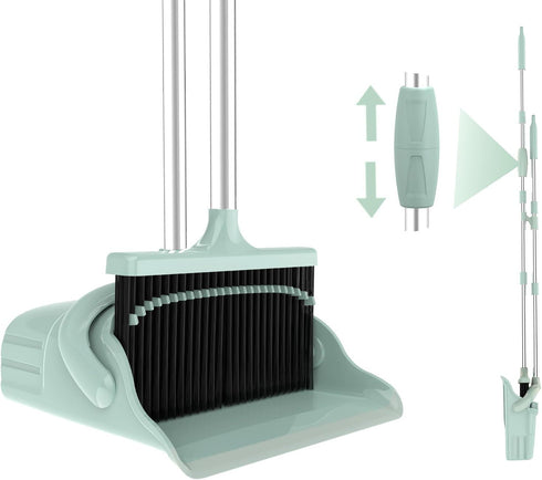 Broom with Dustpan Combo Set, 52'' Long Handle Broom and Dustpan with Self-Cleaning Teeth for Home Office Kitchen