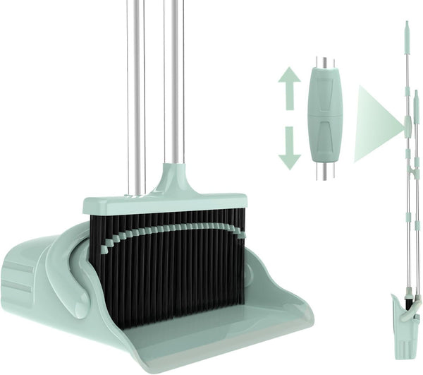 Broom with Dustpan Combo Set, 52'' Long Handle Broom and Dustpan with Self-Cleaning Teeth for Home Office Kitchen