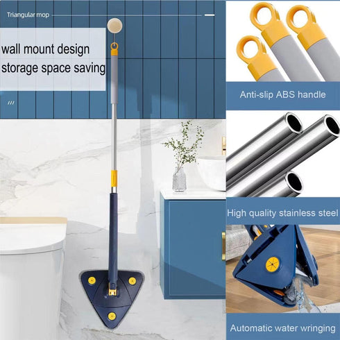 360 Degree Rotatable Adjustable Cleaning Mop, 52.1'' Telescopic Triangular Mop with 4 Replacement Microfiber Pads (Blue)