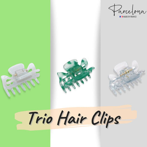 Parcelona French Classic Very Small Claw Clips Set of 3 for Girls Hair Accessories (Clear-White-Shadow Green)