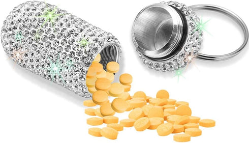 Portable Pill Case, Waterproof Pill Holder with Keychain, Bling Pill Box for Outdoor Travel