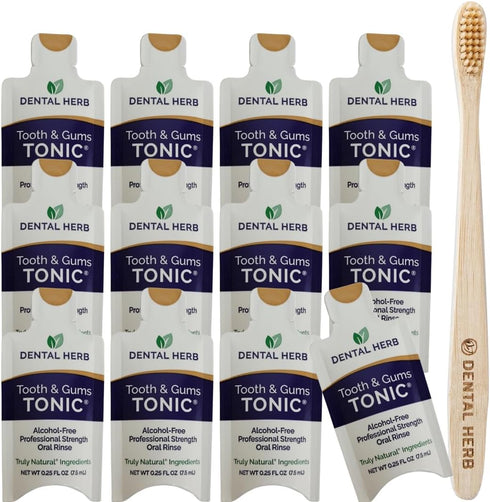 Tonic Traveler Mouthwash Minis (12 Pack) + Bamboo Toothbrush - Natural Alcohol-Free Mouthwash for Gum Health & Bad