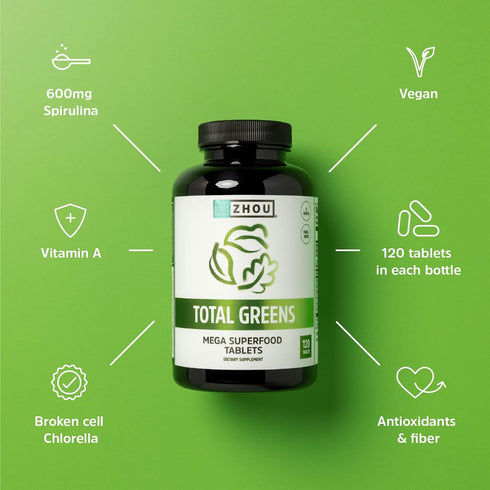 Zhou Nutrition Total Greens - Mega Superfood Tablets, Fiber and Antioxidants, Vitamin A, Spirulina, 120 Tablets
