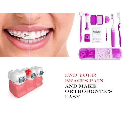 Portable Orthodontic Oral Care Kit - 2 Pack Travel Kit for Patients, Floss Wax Toothbrush Cleaning (Purple & Orange)