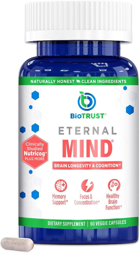 BioTrust Eternal Mind Brain Supplements - Clinically Studied Memory Supplement for Focus & Cognition - 30 Servings
