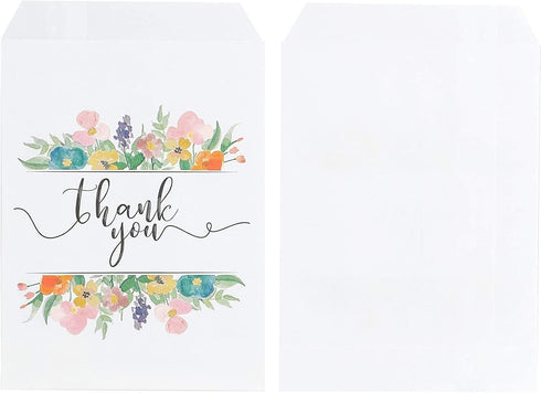 100 Pack Paper Cookie Bags - 7.5 x 5 Inch for Party Favors, Treats, and Candy with Floral Thank You Design