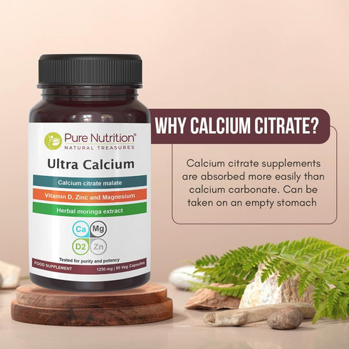 Pure Nutrition Ultra Calcium Citrate, 1250 mg - Highly Absorbable Calcium Supplement with Vitamin D, Magnesium and Zinc
