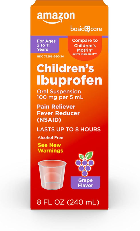 Amazon Basic Care Children's Ibuprofen Oral Suspension 100 mg per 5 mL, Pain Reliever, Grape Flavor, 8 fl oz