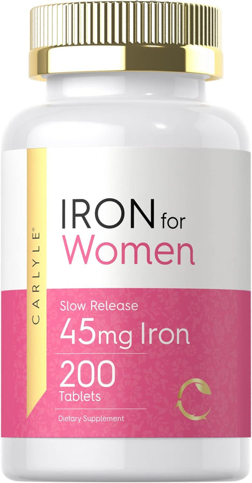 Carlyle Iron Pills for Women - 45mg, 200 Slow Release Tablets, Vegetarian, Non-GMO, Gluten Free