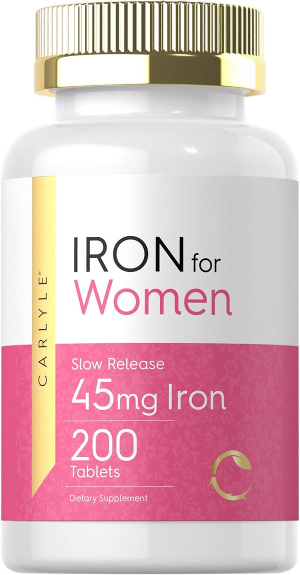 Carlyle Iron Pills for Women - 45mg, 200 Slow Release Tablets, Vegetarian, Non-GMO, Gluten Free