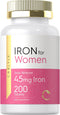 Carlyle Iron Pills for Women - 45mg, 200 Slow Release Tablets, Vegetarian, Non-GMO, Gluten Free