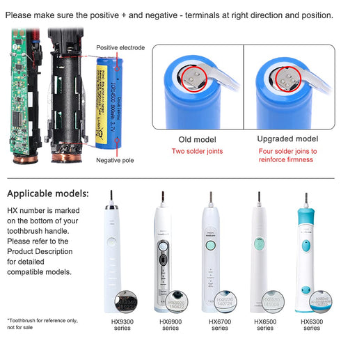 Upgraded 800mAh 3.7v Li-ion Electric Toothbrush Replacement Battery for Philips Models with Extra Rubber Seal