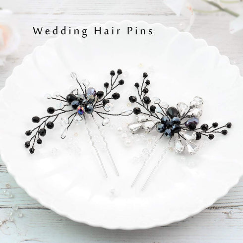 Unicra Black Hair Pins for Brides, Bridal Crystal Hair Piece Accessories for Women and Girls
