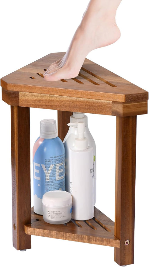 ANABIUP Shower Foot Rest Stool - Wood Waterproof Corner Shaving Stool with Storage