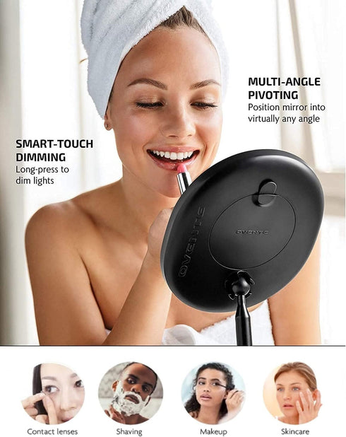 OVENTE 9" Rechargeable Lighted Tabletop Makeup Mirror, 1X Magnifying with 10X Mini Magnetic Mirror, Black