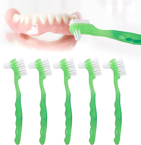 5pcs Denture Brush Set - Brushes Double Bristle Head for Denture Care (Green)