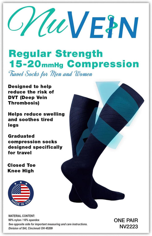 NuVein Knee High Compression Socks, Medical Grade 15-20 mmHg for Leg Circulation, Large, Navy, 1 Pair for Men and Women
