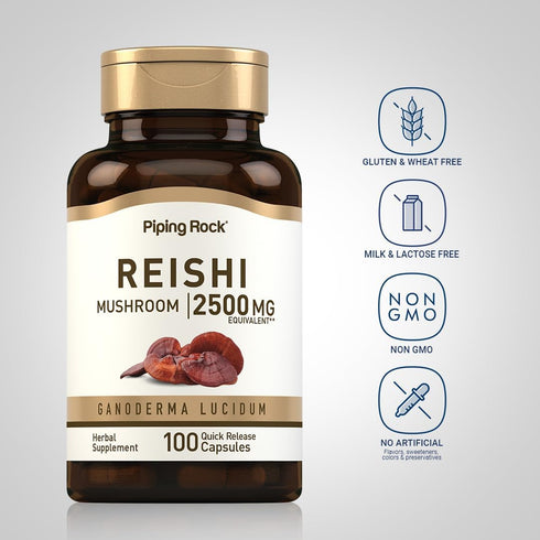 Piping Rock Reishi Mushroom Supplement | 2500mg | 100 Capsules | Standardized Herbal Extract with Ganoderma Lucidum