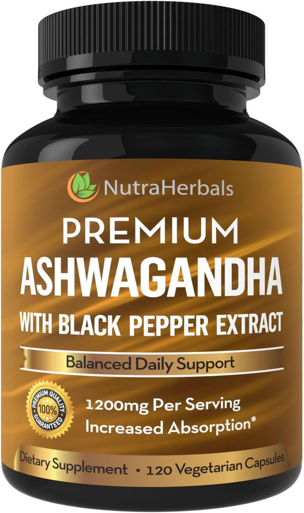 Ashwagandha Supplement, Premium Ashwaganda Root Powder 1200mg with Black Pepper Extract, 120 Vegi Capsules
