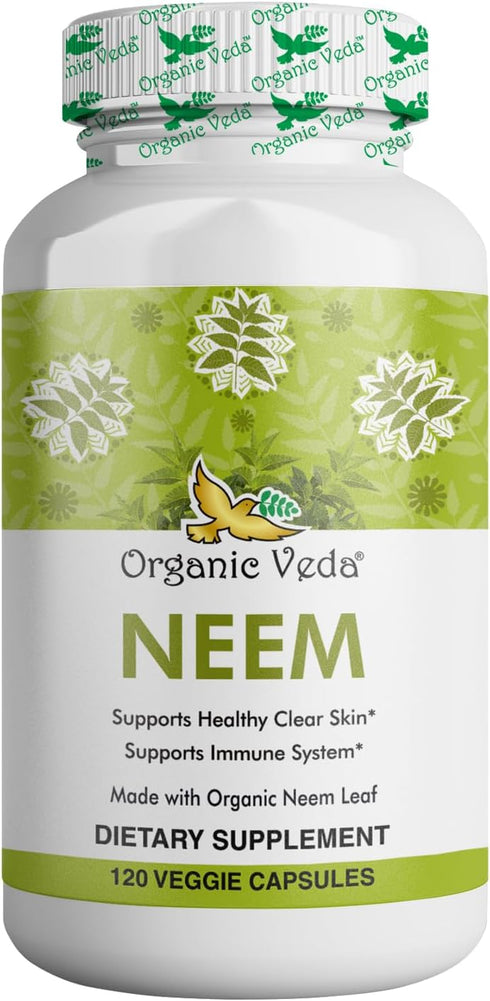 Organic Veda Neem Capsules, 1000mg - Ayurvedic India Neem Leaf Powder Herbal Supplement - 120 Veggie Capsules for Skin,