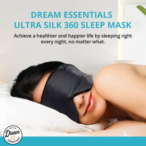 Dream Essentials Ultra Silk 360 Sleep Mask, Mulberry Silk Blindfold Eye Mask with Adjustable Straps, Black